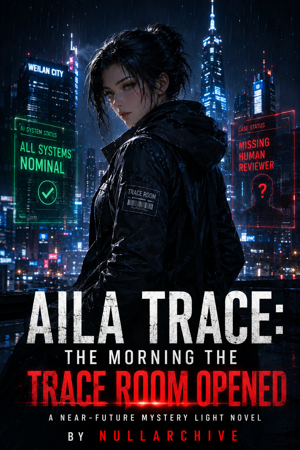 Cover for Aila Trace: The Morning the Trace Room Opened, showing Aila in rainy Weilan City with AI status panels.